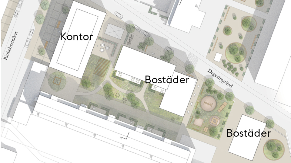 Översiktsbild som visar bostäderna och kontorsbyggnaden i förslaget vid Rinkebystråket och Degerbygränd. Illustration